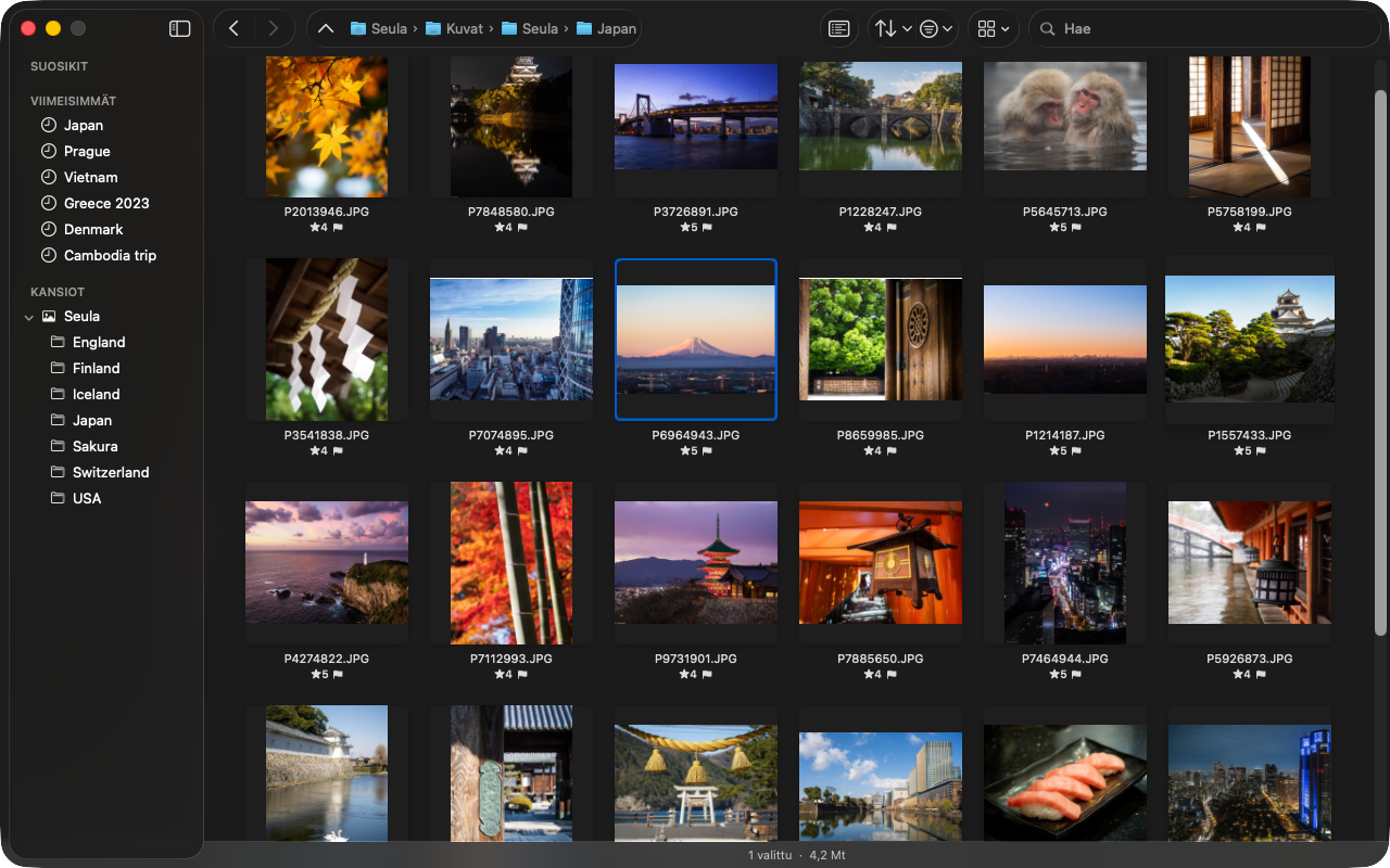 The browser filtered to show only picked, highly rated photos, ready to hand off.