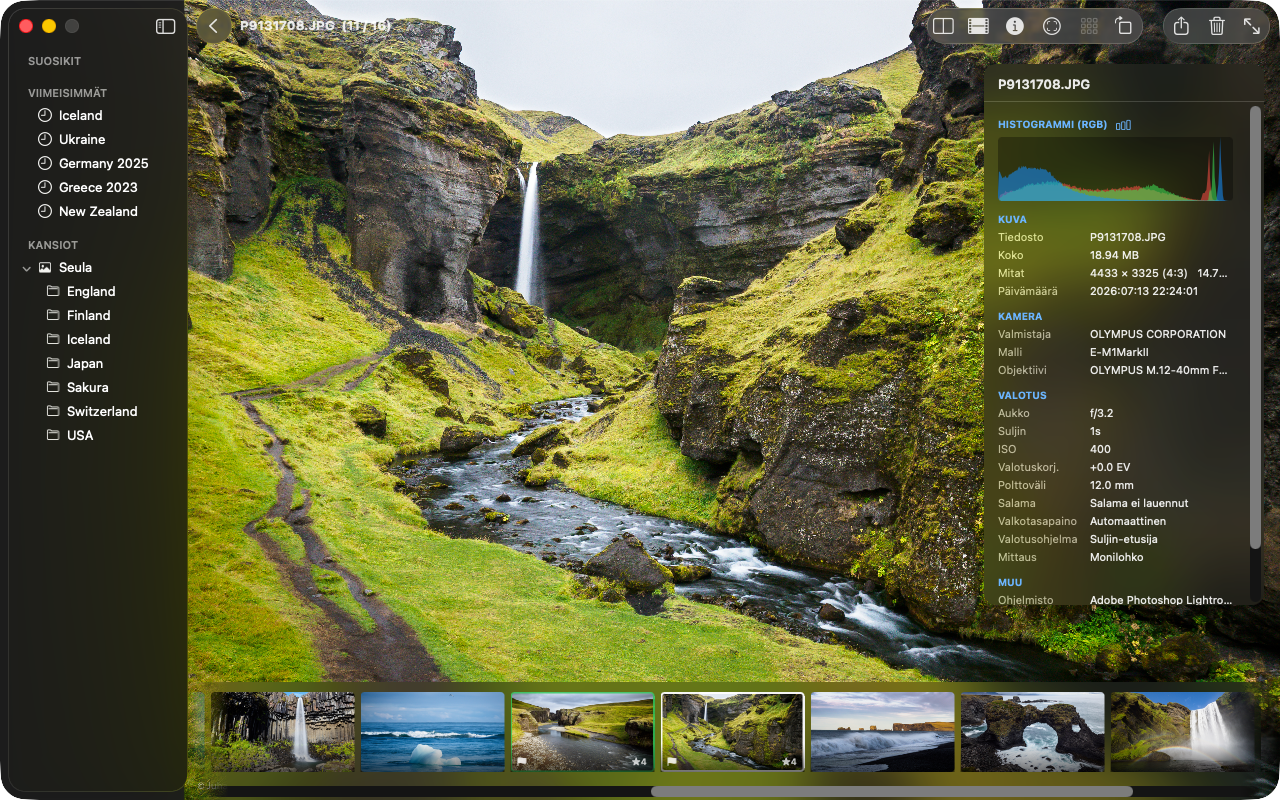 The info panel open on the right, showing the selected photo’s metadata and a live histogram.