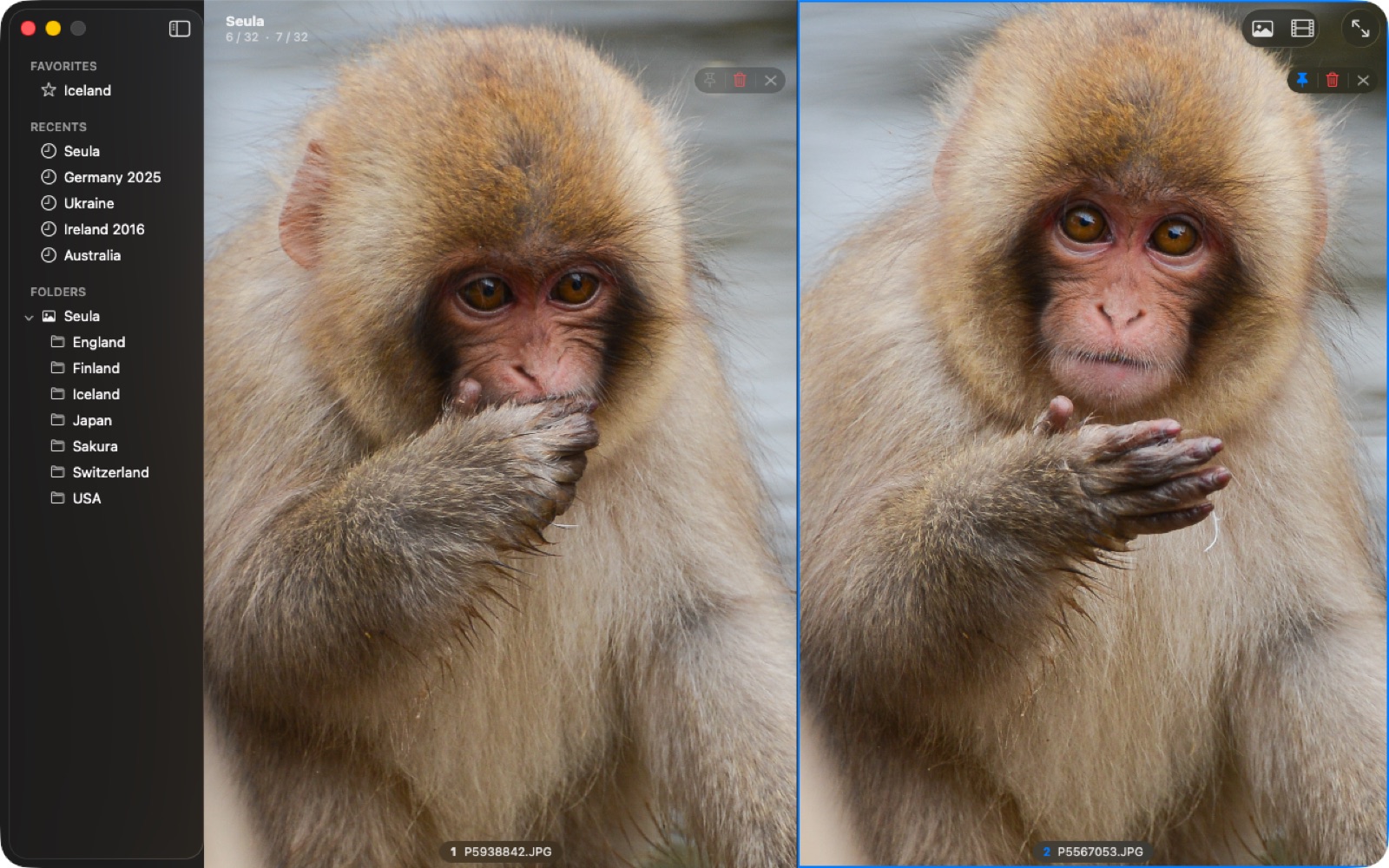 Compare mode showing two similar frames side by side, one marked as reference.