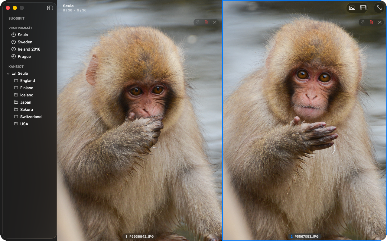 Compare mode showing two similar frames side by side, one marked as reference.